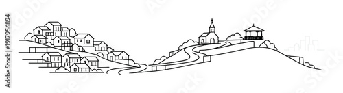 Hillside village with church and pavilion on slopes