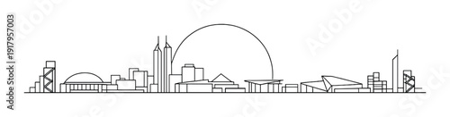 City skyline outline with large sun arc on gray horizon
