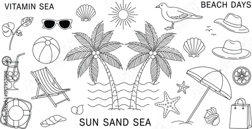 Summer beach vacation icons set, tropical palm trees, ocean travel elements, sea shells, sun, sand, sea, cad drawing flat vector illustration