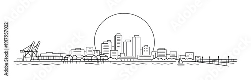 Coastal city skyline with harbor cranes and sun arc