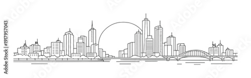 City skyline with high rise buildings and waterfront bridge