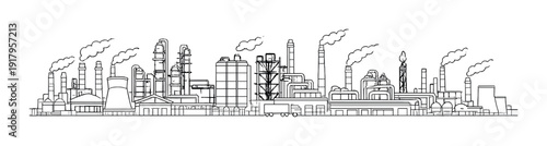 Industrial factory complex emitting smoke across skyline