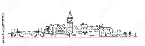 Riverside town with clock tower and arched bridge along riverfront