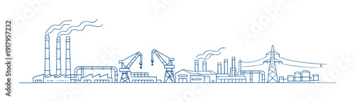 Harbor industrial site with cranes chimneys and power lines