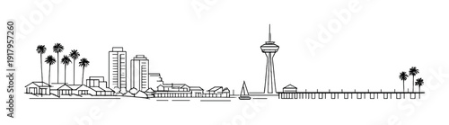 Coastal town with pier, observation tower and palm trees