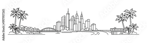 City skyline with bridge and palm trees along shore