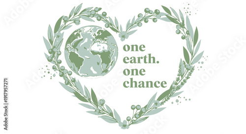 Eco friendly heart shaped wreath with earth globe and one earth one chance text vector illustration