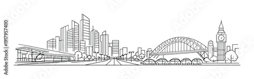 Wide city avenue leading to arched bridge and clock tower