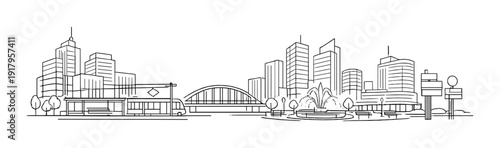 Urban plaza with fountain, station and surrounding skyscrapers