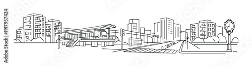 Elevated transit station and crosswalk in urban district