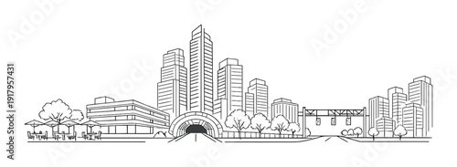 Skyscrapers with tunnel entrance on urban street with trees