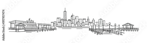 Piers and waterfront docks with city skyline in background