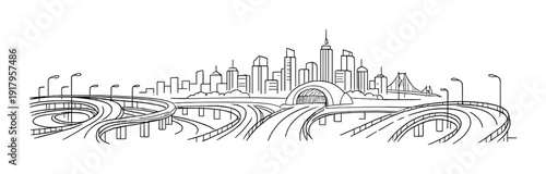 Curved highway interchanges meeting at arched tunnel and skyline