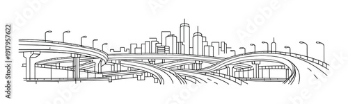 Intertwined highway overpasses crossing above city skyline at night