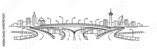 Multi lane elevated highway merging lanes in city skyline view