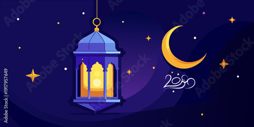 Ramadan and eid 2026 a glowing lantern in the night sky symbolizing spirituality and celebration
