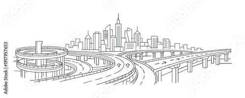 Spiral ramp and elevated highways curving toward city skyline