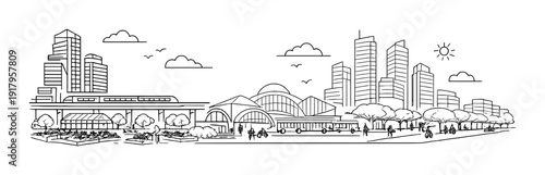 Urban skyline with transit hub and street plaza in city
