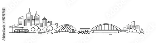 City skyline featuring arched bridge, dome and waterfront