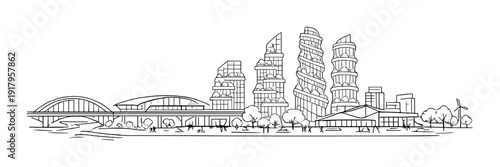 Modern towers with spiraled facades by river and bridge