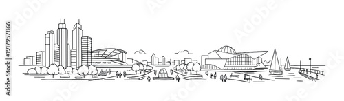 Urban waterfront with modern pavilion, fountain and sailboats