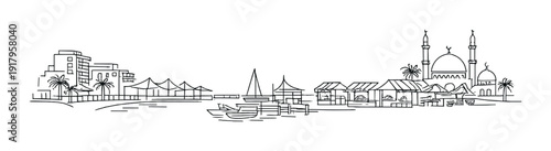 Waterside market and mosque near small harbor and docks