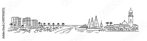 Beachfront marina with yachts and sailboats near hotels