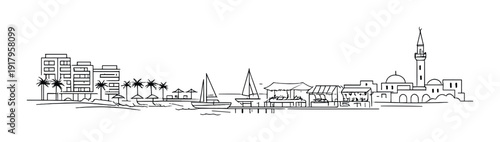 Coastal skyline with sailboats and market pier on waterfront