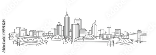 City skyline with rooftop helipad and domes in foreground