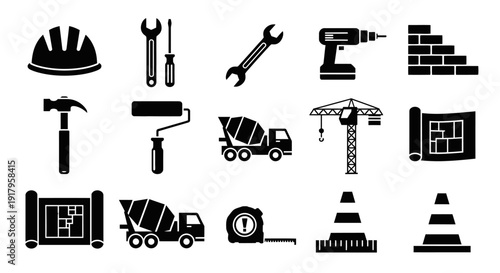Construction and Tools Silhouette Icons Set – Solid Black Building Vector Collection
