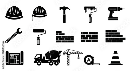 Construction and Tools Silhouette Icons Set – Solid Black Building Vector Collection