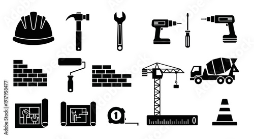 Construction and Tools Silhouette Icons Set – Solid Black Building Vector Collection