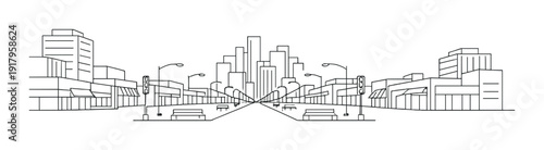 Two sided commercial street leading to distant city skyline