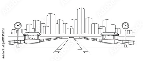 Pier walkway with kiosks and clocks facing city skyline