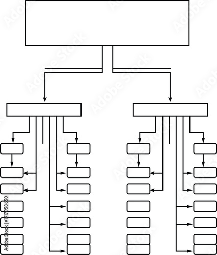 Black and white flowchart with branching connections and empty boxes diagram organization
