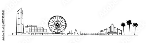 Coastal skyline with ferris wheel, pier and palm trees