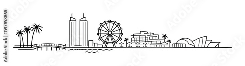 Coastal skyline featuring ferris wheel and waterfront buildings