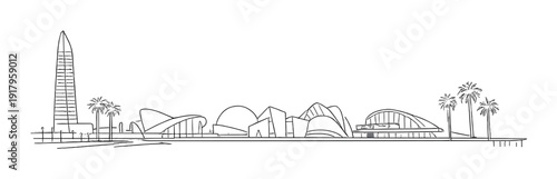 Coastal skyline with obelisk, curved cultural buildings and palms