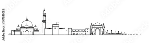 Mosque and fort outline with gateway along waterfront pier