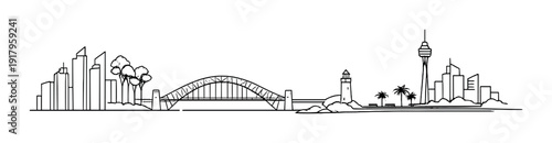 City skyline with arched bridge and waterfront tower