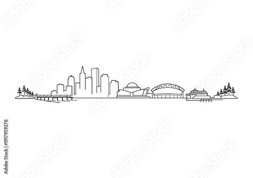 Coastal city skyline with cultural buildings and waterfront ferry