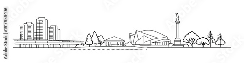 Waterfront with modern angular cultural center and column monument