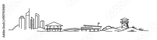 Coastal skyline with boardwalk pavilions and lifeguard tower