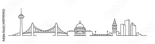 City skyline line drawing with bridge, dome and waterfront