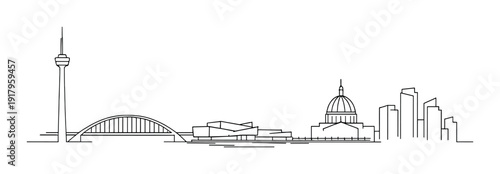 City skyline line drawing with arched bridge and waterfront