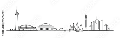 Waterfront skyline line drawing with tower, dome and boats