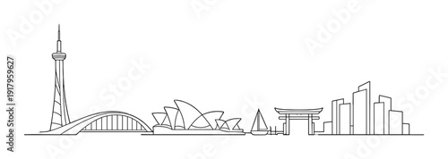 Waterfront skyline line drawing featuring opera house and torii