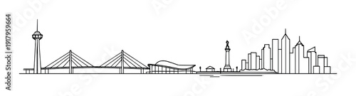 Modern city skyline with tower and cable bridge on gray background