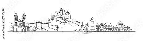 Coastal town skyline with castle on hill and harbor