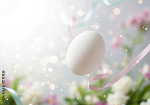 White egg with pastel ribbons and blurred flowers background
